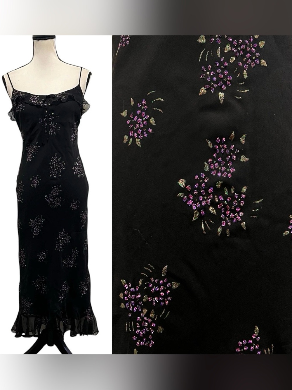 Vintage Betsey Johnson Evening Sheer Mesh Glittery Floral Appliqué Slip Dress